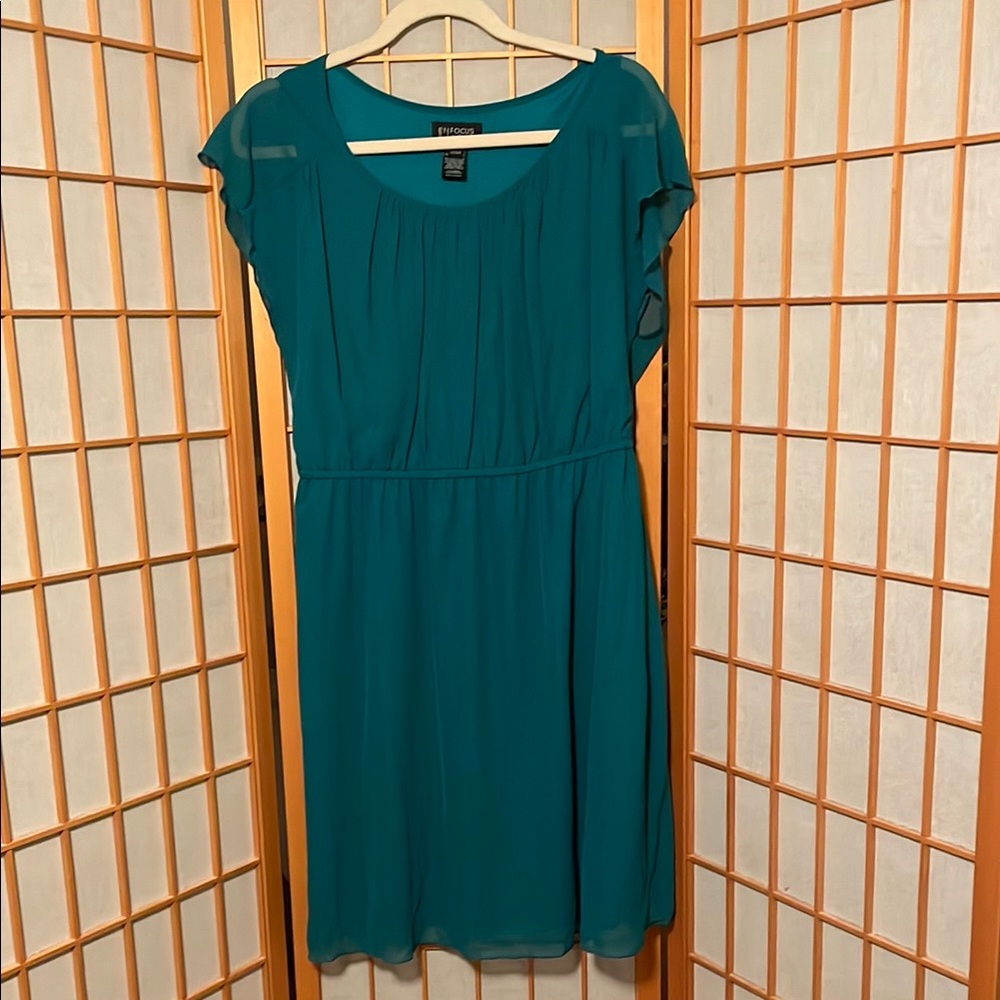 ENFOCUS Studio Teal Green Illusion Sleeve with Flutter Cap Sleeves Size 14
